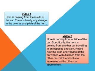 Video 1
Horn is coming from the inside of
the car. There is hardly any change
in the volume and pitch of the horn.
Video 2
Horn is coming from outside of the
car. Specifically, the horn is
coming from another car travelling
in an opposite direction. Notice
how the pitch and volume of the
car varies with distance from the
other car. Pitch and volume
increases as the other car
approaches.
 