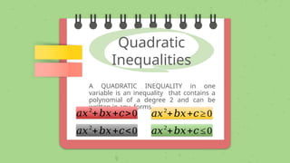 Quadratic
Inequalities
A QUADRATIC INEQUALITY in one
variable is an inequality that contains a
polynomial of a degree 2 and can be
written in any forms
𝑎𝑥2
+𝑏𝑥+𝑐>0
𝑎𝑥2
+𝑏𝑥+𝑐<0
𝑎𝑥2
+𝑏𝑥+𝑐≥0
𝑎𝑥2
+𝑏𝑥+𝑐≤0
 