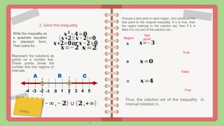 2. Solve the inequality
𝒙𝟐
−𝟒=𝟎
Write the inequality as
a quadratic equation
in standard form.
Then solve for .
(𝒙+𝟐)(𝒙−𝟐)=𝟎
𝒙+𝟐=𝟎𝒐𝒓 𝒙 −𝟐=𝟎 𝒙=−𝟑
𝒙=𝟐
Represent the solutions as
points on a number line.
These points divide the
number line into regions or
intervals.
0 1 4
2 3 5
-4 -3 -2 -1
hollow
A B C
Choose a test point in each region, and substitute the
test point to the original inequality. If it is true, then
the region belongs to the solution set, then if it is
false it is not part of the solution set.
A
Region
Test
point
True
𝒙=−𝟐
B 𝒙=𝟎
False
C 𝒙=𝟒
True
Thus, the solution set of the inequality in
interval notation is .
(−∞ ,−𝟐)∪(𝟐,+∞)
 