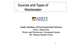 Sources and Types of
Wastewater
1
Amity Institute of Environmental Sciences
M.Sc., Third Sem
Water and Wastewater Treatment System
Dr. Manoj Chandra Garg
 