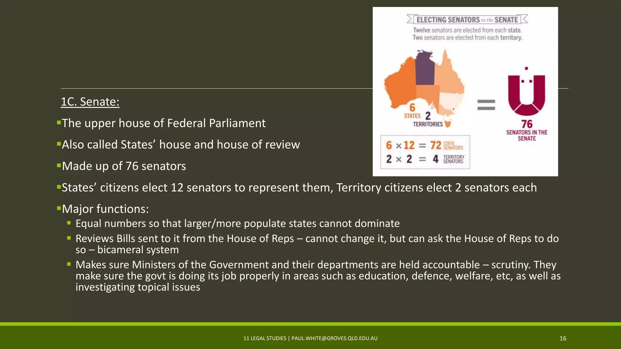 1C. Senate:
The upper house of Federal Parliament
Also called States’ house and house of review
Made up of 76 senators
States’ citizens elect 12 senators to represent them, Territory citizens elect 2 senators each
Major functions:
 Equal numbers so that larger/more populate states cannot dominate
 Reviews Bills sent to it from the House of Reps – cannot change it, but can ask the House of Reps to do
so – bicameral system
 Makes sure Ministers of the Government and their departments are held accountable – scrutiny. They
make sure the govt is doing its job properly in areas such as education, defence, welfare, etc, as well as
investigating topical issues
11 LEGAL STUDIES | PAUL.WHITE@GROVES.QLD.EDU.AU 16
 