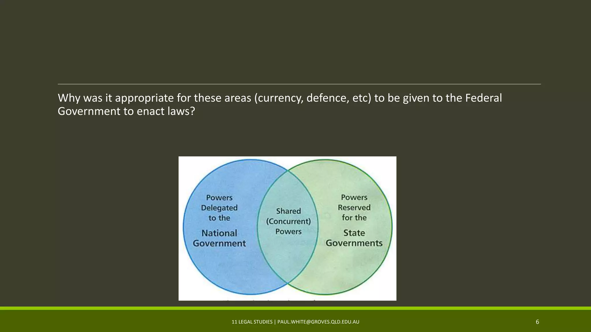 Why was it appropriate for these areas (currency, defence, etc) to be given to the Federal
Government to enact laws?
11 LEGAL STUDIES | PAUL.WHITE@GROVES.QLD.EDU.AU 6
 