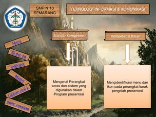 SMP N 18
SEMARANG
TEKNOLOGI INFORMASI & KOMUNIKASI
Standar Kompetensi Kompetensi Dasar
Mengenal Perangkat
keras dan sistem yang
digunakan dalam
Program presentasi
Mengidentifikasi menu dan
ikon pada perangkat lunak
pengolah presentasi
 