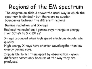 Regions of the EM spectrum
4
The diagram on slide 3 shows the usual way in which the
spectrum is divided – but there are no sudden
boundaries between the different regions
Gamma radiation and X-rays
Radioactive nuclei emit gamma rays – range in energy
from 104 eV to 5 x 106 eV
X-rays produced when high speed electrons decelerate
quickly.
High energy X-rays have shorter wavelengths than low
energy gamma rays.
Impossible to tell them apart by observation – given
different names only because of the way they are
produced.
 
