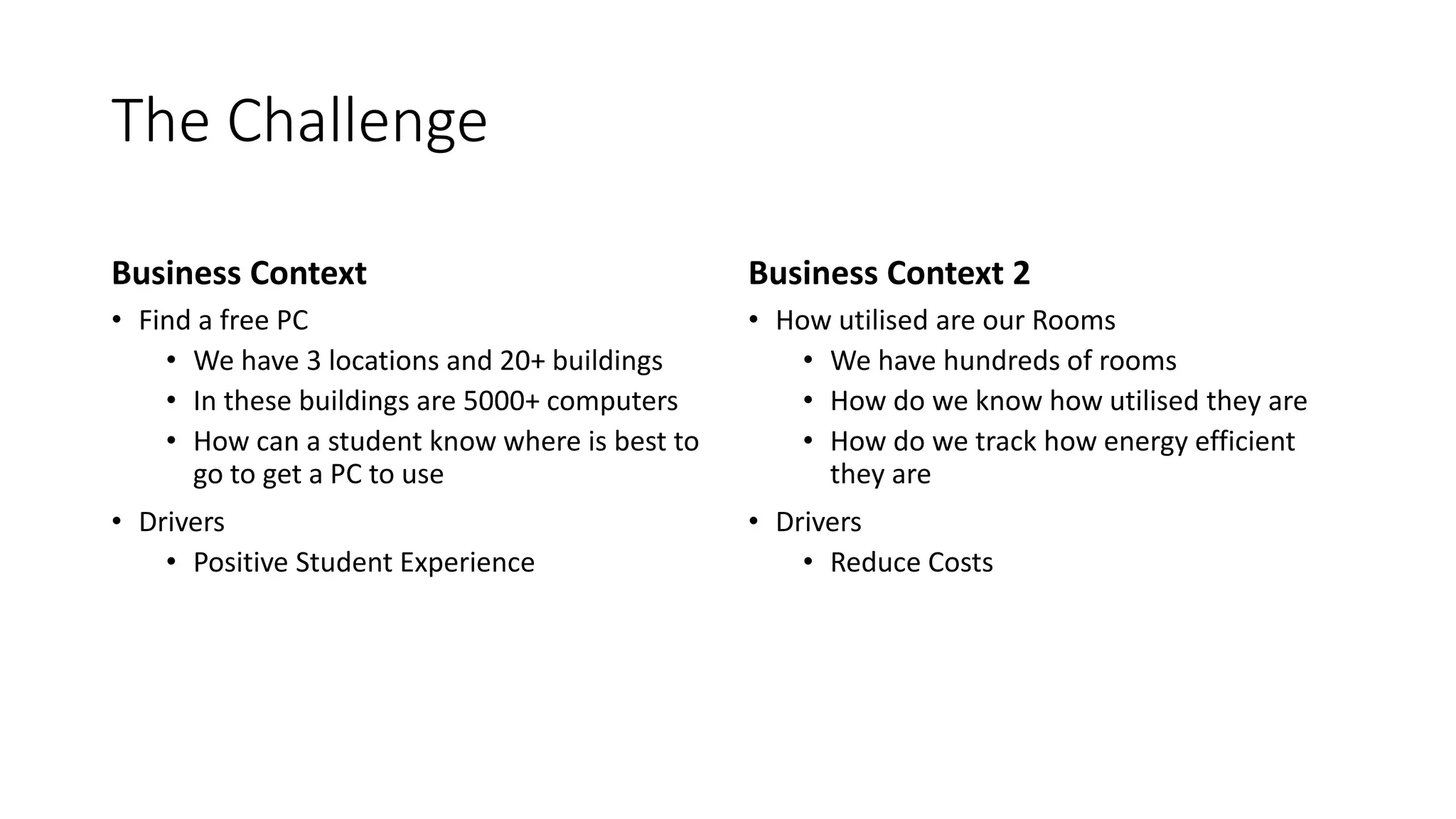 The Challenge
Business Context
• Find a free PC
• We have 3 locations and 20+ buildings
• In these buildings are 5000+ computers
• How can a student know where is best to
go to get a PC to use
• Drivers
• Positive Student Experience
Business Context 2
• How utilised are our Rooms
• We have hundreds of rooms
• How do we know how utilised they are
• How do we track how energy efficient
they are
• Drivers
• Reduce Costs
 