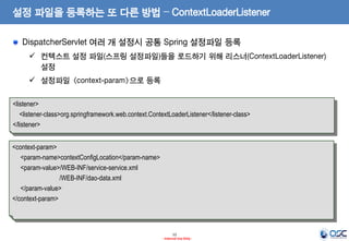 설정 파일을 등록하는 또 다른 방법 – ContextLoaderListener
DispatcherServlet 여러 개 설정시 공통 Spring 설정파일 등록
 컨텍스트 설정 파일(스프링 설정파일)들을 로드하기 위해 리스너(ContextLoaderListener)
설정
 설정파일 <context-param>으로 등록
<listener>
<listener-class>org.springframework.web.context.ContextLoaderListener</listener-class>
</listener>

<context-param>
<param-name>contextConfigLocation</param-name>
<param-value>/WEB-INF/service-service.xml
/WEB-INF/dao-data.xml
</param-value>
</context-param>

12
- Internal Use Only -

 