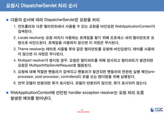 요청시 DispatcherServlet 처리 순서
다음의 순서에 따라 DispatcherServlet은 요청을 처리
1. 컨트롤러와 다른 엘리먼트에서 사용할 수 있는 요청을 바인딩한 WebApplicationContext가
검색된다.
2. Locale resolver는 요청 처리시 사용하는 로케일을 찾기 위해 프로세스 내의 엘리먼트로 요
청으로 바인드된다. 로케일을 사용하지 않으면 이 과정은 무시된다.
3. Theme resolver는 테마로 사용될 뷰와 같은 엘리먼트를 요청에 바인딩한다. 테마를 사용하
지 않으면 이 과정은 무시된다.
4. Multipart resolver가 명시된 경우, 요청은 멀티파트를 위해 검사되고 멀티파트가 발견되면
요청은 MultipartHttpServletRequest로 랩핑된다.
5. 요청에 대해 적절한 핸들러가 검색되고 핸들러가 발견되면 핸들러와 연관된 실행 체인(preprocessor, post-processor, controllers)이 모델 또는 렌더링을 위해 실행된다.

6. 만약 모델이 반환되면 뷰가 표시된다. 모델이 반환되지 않으면, 뷰가 표시되지 않는다.

WebApplicationContext에 선언된 handler exception resolver는 요청 처리 도중
발생한 예외를 얻어낸다.
14
- Internal Use Only -

 