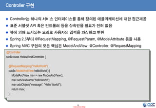 Controller 구현
Controller는 하나의 서비스 인터페이스를 통해 정의된 애플리케이션에 대한 접근제공
표준 서블릿 API 혹은 컨트롤러 등을 상속받을 필요가 전혀 없음

뷰에 의해 표시되는 모델로 사용자의 입력을 파싱하고 변환
Spring 2.5부터 @RequestMapping, @RequestParam, @ModelAttribute 등을 사용
Spring MVC 구현의 모든 핵심은 ModelAndView, @Controller, @RequestMapping
@Controller
public class HelloWorldController {
@RequestMapping("/helloWorld")
public ModelAndView helloWorld() {
ModelAndView mav = new ModelAndView();
mav.setViewName("helloWorld");
mav.addObject("message", "Hello World!");
return mav;
}
}
16
- Internal Use Only -

 