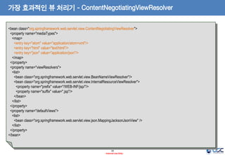 가장 효과적인 뷰 처리기 - ContentNegotiatingViewResolver
<bean class="org.springframework.web.servlet.view.ContentNegotiatingViewResolver">
<property name="mediaTypes">
<map>
<entry key="atom" value="application/atom+xml"/>
<entry key="html" value="text/html"/>
<entry key="json" value="application/json"/>
</map>
</property>
<property name="viewResolvers">
<list>
<bean class="org.springframework.web.servlet.view.BeanNameViewResolver"/>
<bean class="org.springframework.web.servlet.view.InternalResourceViewResolver">
<property name="prefix" value="/WEB-INF/jsp/"/>
<property name="suffix" value=".jsp"/>
</bean>
</list>
</property>
<property name="defaultViews">
<list>
<bean class="org.springframework.web.servlet.view.json.MappingJacksonJsonView" />
</list>
</property>
</bean>

34
- Internal Use Only -

 