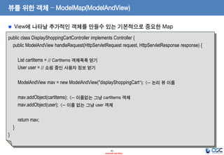 뷰를 위한 객체 – ModelMap(ModelAndView)
View에 나타날 추가적인 객체를 만들수 있는 기본적으로 중요한 Map
public class DisplayShoppingCartController implements Controller {
public ModelAndView handleRequest(HttpServletRequest request, HttpServletResponse response) {
List cartItems = // CartItems 객체목록 얻기
User user = // 쇼핑 중인 사용자 정보 얻기
ModelAndView mav = new ModelAndView("displayShoppingCart"); <-- 논리 뷰 이름

mav.addObject(cartItems); <-- 이름없는 그냥 cartItems 객체
mav.addObject(user); <-- 이름 없는 그냥 user 객체
return mav;
}
}
41
- Internal Use Only -

 