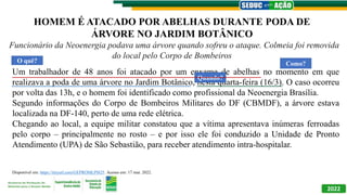2022
HOMEM É ATACADO POR ABELHAS DURANTE PODA DE
ÁRVORE NO JARDIM BOTÂNICO
Funcionário da Neoenergia podava uma árvore quando sofreu o ataque. Colmeia foi removida
do local pelo Corpo de Bombeiros
Um trabalhador de 48 anos foi atacado por um enxame de abelhas no momento em que
realizava a poda de uma árvore no Jardim Botânico, nesta quarta-feira (16/3). O caso ocorreu
por volta das 13h, e o homem foi identificado como profissional da Neoenergia Brasília.
Segundo informações do Corpo de Bombeiros Militares do DF (CBMDF), a árvore estava
localizada na DF-140, perto de uma rede elétrica.
Chegando ao local, a equipe militar constatou que a vítima apresentava inúmeras ferroadas
pelo corpo – principalmente no rosto – e por isso ele foi conduzido a Unidade de Pronto
Atendimento (UPA) de São Sebastião, para receber atendimento intra-hospitalar.
Disponível em: https://tinyurl.com/GEPROMLPI825. Acesso em: 17 mar. 2022.
O quê?
Quando?
Como?
 