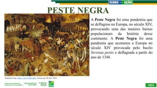 Disponível em: https://cutt.ly/dQmet0n. Acesso em: 09 mar. 2022.
2022
PESTE NEGRA
A Peste Negra foi uma pandemia que
se deflagrou na Europa, no século XIV,
provocando uma das maiores baixas
populacionais da história desse
continente. A Peste Negra foi uma
pandemia que acometeu a Europa no
século XIV provocada pelo bacilo
Yersinia pestis e deflagrada a partir do
ano de 1348.
 