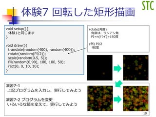 体験7 回転した矩形描画
void setup(){
体験1と同じまま
}
void draw(){
translate(random(400), random(400));
rotate(random(PI/2));
scale(random(0.5, 5));
fill(random(0,90), 100, 100, 50);
rect(0, 0, 10, 10);
}
演習7-1
上記プログラムを入力し、実行してみよう
演習7-2 プログラムを変更
いろいろな値を変えて、実行してみよう
rotate(角度)
角度は、ラジアン角
PI=π(パイ)=180度
(例) PI/2
90度
10
 