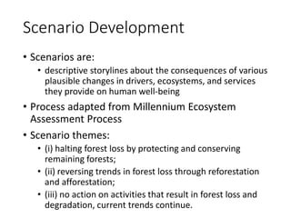 Scenario Development
• Scenarios are:
• descriptive storylines about the consequences of various
plausible changes in drivers, ecosystems, and services
they provide on human well-being
• Process adapted from Millennium Ecosystem
Assessment Process
• Scenario themes:
• (i) halting forest loss by protecting and conserving
remaining forests;
• (ii) reversing trends in forest loss through reforestation
and afforestation;
• (iii) no action on activities that result in forest loss and
degradation, current trends continue.
 