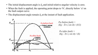 • The initial displacement angle is δ0 and initial relative angular velocity is zero.
• When the fault is applied, the operating point drops to ‘b’, directly below ‘a’ on
the fault output curve.
• The displacement angle remain δ0 at the instant of fault application.
Pmax1
Pmax2
P
Pi
Pu (before fault) =
(Eg – E∞ ) sin (δ) / (X/2)
Pu (after fault) =
(Eg – E∞ ) sin (δ) / (X)
Pu before fault
Pu after fault
 