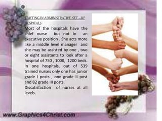 STAFFING IN ADMINISTRATIVE SET –UP
HOSPITALS
Most of the hospitals have the
chief nurse but not in an
executive position . She acts more
like a middle level manager and
she may be assisted by one , two
or eight assistants to look after a
hospital of 750 , 1000, 1200 beds.
In one hospitals, out of 539
trained nurses only one has junior
grade I posts , one grade II post
and 82 grade III posts.
Dissatisfaction of nurses at all
levels.
 