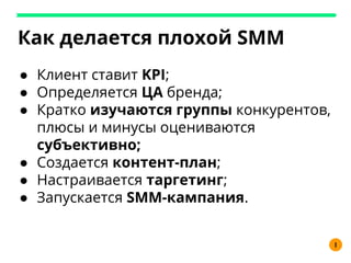 Как делается плохой SMM
● Клиент ставит KPI;
● Определяется ЦА бренда;
● Кратко изучаются группы конкурентов,
плюсы и минусы оцениваются
субъективно;
● Создается контент-план;
● Настраивается таргетинг;
● Запускается SMM-кампания.
I
 