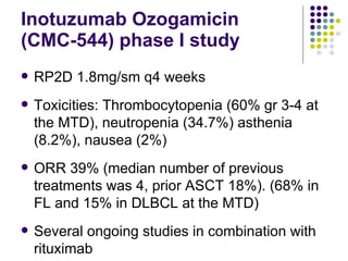 Inotuzumab Ozogamicin  (CMC-544) phase I study RP2D 1.8mg/sm q4 weeks Toxicities: Thrombocytopenia (60% gr 3-4 at the MTD), neutropenia (34.7%) asthenia (8.2%), nausea (2%) ORR 39% (median number of previous treatments was 4, prior ASCT 18%). ( 68% in FL and 15% in DLBCL at the MTD) Several ongoing studies in combination with rituximab 