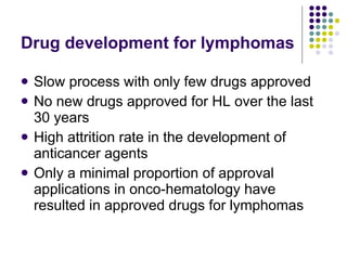 Drug development for lymphomas Slow process with only few drugs approved No new drugs approved for HL over the last 30 years High attrition rate in the development of anticancer agents  Only a minimal proportion of approval applications in onco-hematology have resulted in approved drugs for lymphomas 