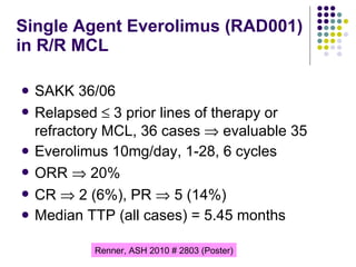 Single Agent Everolimus (RAD001) in  R/R  MCL SAKK 36/06  Relapsed    3 prior lines of therapy or refractory MCL, 36 cases    evaluable 35 Everolimus 10mg/day, 1-28, 6 cycles ORR    20% CR    2 (6%), PR    5 (14%) Median TTP (all cases) = 5.45 months Renner, ASH 2010 # 2803 (Poster) 