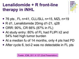 Lenalidomide  + R front-line therapy  in  iNHL 76   pts   , FL n=41, CLL/SLL n=15, MZL n=19 R d1,  Lenalidomide 2 0 mg  d 1-21,  q28 ORR: 90%, CR 66% (87% in FL)  At study entry: 80% of FL had FLIPI  ≥2 and 54% had high tumor burden At a median fu of 14 months, only 4 pts had PD After cycle 6, bcl-2 was no detectable in FL pts  Fowler ,  ICML  201 1  #  137  ( Oral Presentation ) 