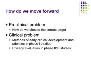 How do we move forward Preclinical problem How do we choose the correct target  Clinical problem Methods of early clinical development and priorities in phase I studies Efficacy evaluation in phase II/III studies 