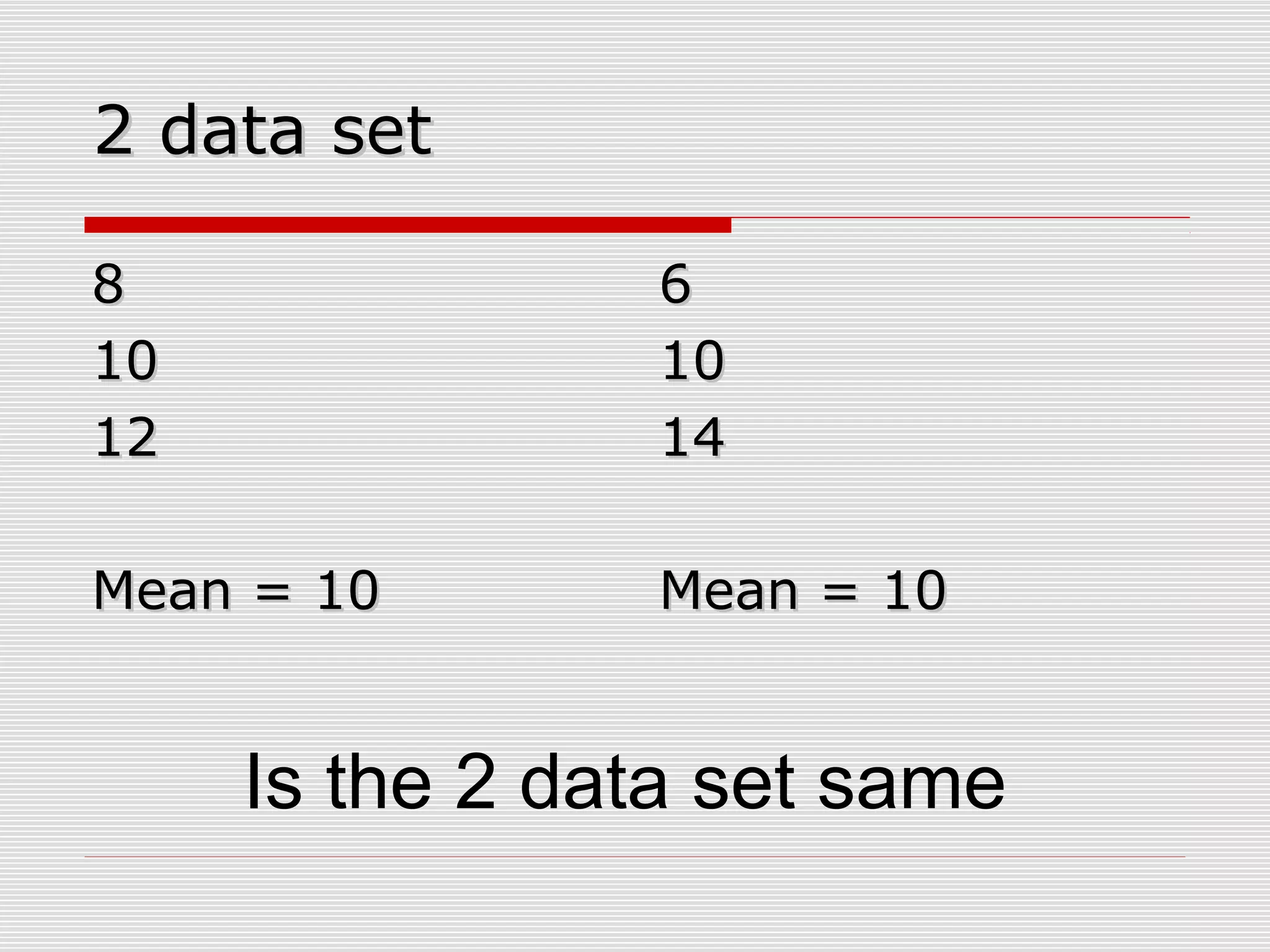 2 data set2 data set
88
1010
1212
Mean = 10Mean = 10
66
1010
1414
Mean = 10Mean = 10
Is the 2 data set same
 