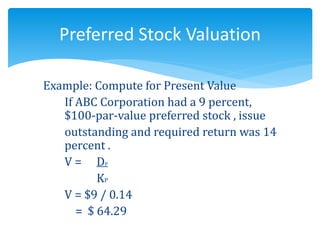 Example: Compute for Present Value
If ABC Corporation had a 9 percent,
$100-par-value preferred stock , issue
outstanding and required return was 14
percent .
V = DP
KP
V = $9 / 0.14
= $ 64.29
Preferred Stock Valuation
 