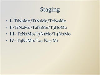 Staging I- T1N0M0/T1N1M0/T2NoMo II-T1N2M0/T2N1Mo/T3N0M0 III- T2N2M0/T3N1M0/T4NoM0 IV- T4N2M0/T any  N any  M1 