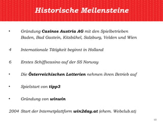 Historische Meilensteine Gründung  Casinos Austria AG  mit den Spielbetrieben  Baden, Bad Gastein, Kitzbühel, Salzburg, Velden und Wien Internationale Tätigkeit beginnt in Holland Erstes Schiffscasino auf der SS Norway Die  Österreichischen Lotterien  nehmen ihren Betrieb auf Spielstart von  tipp3 Gründung von  winwin 2004 Start der Internetplattform  win2day.at  (ehem. Webclub.at) 