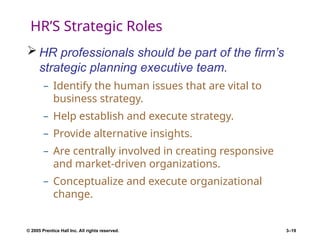 © 2005 Prentice Hall Inc. All rights reserved. 3–19
HR’S Strategic Roles
 HR professionals should be part of the firm’s
strategic planning executive team.
– Identify the human issues that are vital to
business strategy.
– Help establish and execute strategy.
– Provide alternative insights.
– Are centrally involved in creating responsive
and market-driven organizations.
– Conceptualize and execute organizational
change.
 