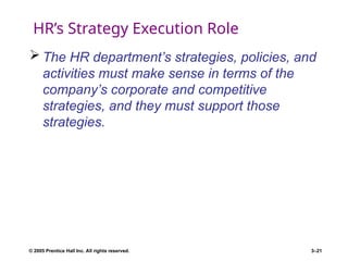 © 2005 Prentice Hall Inc. All rights reserved. 3–21
HR’s Strategy Execution Role
 The HR department’s strategies, policies, and
activities must make sense in terms of the
company’s corporate and competitive
strategies, and they must support those
strategies.
 