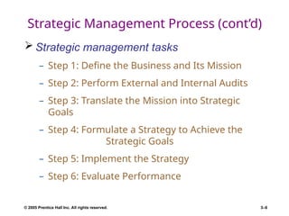 © 2005 Prentice Hall Inc. All rights reserved. 3–6
Strategic Management Process (cont’d)
 Strategic management tasks
– Step 1: Define the Business and Its Mission
– Step 2: Perform External and Internal Audits
– Step 3: Translate the Mission into Strategic
Goals
– Step 4: Formulate a Strategy to Achieve the
Strategic Goals
– Step 5: Implement the Strategy
– Step 6: Evaluate Performance
 