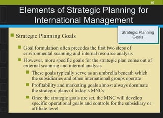 16
Elements of Strategic Planning for
International Management
 Strategic Planning Goals
 Goal formulation often precedes the first two steps of
environmental scanning and internal resource analysis
 However, more specific goals for the strategic plan come out of
external scanning and internal analysis
 These goals typically serve as an umbrella beneath which
the subsidiaries and other international groups operate
 Profitability and marketing goals almost always dominate
the strategic plans of today’s MNCs
 Once the strategic goals are set, the MNC will develop
specific operational goals and controls for the subsidiary or
affiliate level
Strategic Planning
Goals
Strategic Planning
Goals
 