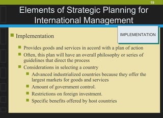 19
Elements of Strategic Planning for
International Management
 Implementation
 Provides goods and services in accord with a plan of action
 Often, this plan will have an overall philosophy or series of
guidelines that direct the process
 Considerations in selecting a country
 Advanced industrialized countries because they offer the
largest markets for goods and services
 Amount of government control.
 Restrictions on foreign investment.
 Specific benefits offered by host countries
IMPLEMENTATIONIMPLEMENTATION
 