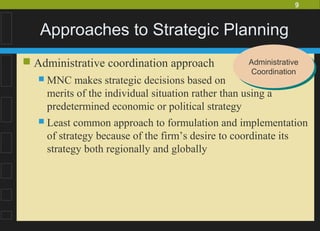 9
Approaches to Strategic Planning
 Administrative coordination approach
 MNC makes strategic decisions based on
merits of the individual situation rather than using a
predetermined economic or political strategy
 Least common approach to formulation and implementation
of strategy because of the firm’s desire to coordinate its
strategy both regionally and globally
Administrative
Coordination
Administrative
Coordination
 