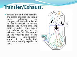Transfer/Exhaust. 
 Toward the end of the stroke, 
the piston exposes the intake 
port, allowing the 
compressed fuel/air mixture 
in the crankcase to escape 
around the piston into the 
main cylinder. This expels 
the exhaust gasses out the 
exhaust port, usually located 
on the opposite side of the 
cylinder. Unfortunately, 
some of the fresh fuel 
mixture is usually expelled as 
well. 
 