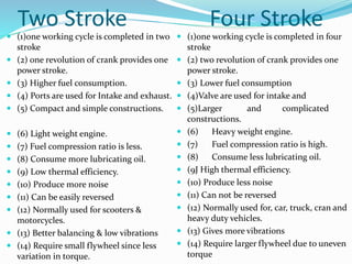 Two Stroke Four Stroke 
 (1)one working cycle is completed in two 
stroke 
 (2) one revolution of crank provides one 
power stroke. 
 (3) Higher fuel consumption. 
 (4) Ports are used for Intake and exhaust. 
 (5) Compact and simple constructions. 
 (6) Light weight engine. 
 (7) Fuel compression ratio is less. 
 (8) Consume more lubricating oil. 
 (9) Low thermal efficiency. 
 (10) Produce more noise 
 (11) Can be easily reversed 
 (12) Normally used for scooters & 
motorcycles. 
 (13) Better balancing & low vibrations 
 (14) Require small flywheel since less 
variation in torque. 
 (1)one working cycle is completed in four 
stroke 
 (2) two revolution of crank provides one 
power stroke. 
 (3) Lower fuel consumption 
 (4)Valve are used for intake and 
 (5)Larger and complicated 
constructions. 
 (6) Heavy weight engine. 
 (7) Fuel compression ratio is high. 
 (8) Consume less lubricating oil. 
 (9J High thermal efficiency. 
 (10) Produce less noise 
 (11) Can not be reversed 
 (12) Normally used for, car, truck, cran and 
heavy duty vehicles. 
 (13) Gives more vibrations 
 (14) Require larger flywheel due to uneven 
torque 
