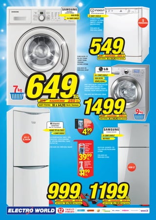 WF0700NCE
                                                          ÇAMAŞIR MAKİNESİ                              DFG 051 EU BULAŞIK MAKİNESİ

                                                                    1000 DEV‹R                     A SINIFI ENERJ‹
                                                             A+ SINIFI ENERJ‹                         12 K‹Ş‹L‹K YIKAMA
                                                                                                      KAPAS‹TES‹ • SU TAŞMA
                                                                                                      EMN‹YET‹ • PROGRAM
                                                                                                                                                                                        5
                                                                                                                                                                                    PROGRAMLI
                                                                                                      AKIŞ GÖSTERGES‹

                                                                                                      STOK ADEDİ: 100
                                                                                                      ÜRÜN KODU: 045942




                                                                               ELMAS KAZAN • 15
                                                                               DK. HIZLI YIKAMA
                                                                               • BEBEK YIKAMA
                                                                               PROGRAMI •
                                                                                                   549                  949
                                                                                                                      NAKİT FİYATINA
                                                                                                                                      KAZANCINIZ
                                                                                                                                                                TL
                                                                                                                                                              400 TL
                                                                                                                                        10 x 54,90 World / Maximum

                                                                               GECİKMELİ BİTİRME




     649 1499
                                                                               STOK ADEDİ: 100
                                                                               ÜRÜN KODU: 061367
                                                                                                                    F1402FDS5 ÇAMAŞIR MAKİNESİ


                                                                                                               A++ SINIFI ENERJİ
                                                                                                               1400 DEVİR
                                                                                                               GÜMÜŞ RENKLİ




7
                                                                                          DIRECT DRIVE MOTOR • ZAMAN ERTELEME
                                                                                          • BUHARLI TEMİZLEME ÖZELLİĞİ •
                                                                                          ÇAMAŞIR AĞIRLIK SENSÖRÜ • BUHARLI
                                                                                          TAZELEME • KAZAN TEMİZLEME ÖZELLİĞİ



                                                                       TL
                                                                                          STOK ADEDİ: 100/ ÜRÜN KODU: 038685



                899         KAZANCINIZ                         250 TL
               NAKİT FİYATINA    10 x 64,90 World / Maximum


                                                                                                                          2049          KAZANCINIZ
                                                                                                                                                                 TL
                                                                                                                                                               550 TL
                                                                                                                                                                                    9
                                                                                                                          NAKİT FİYATINA   10 x 149,90 World / Maximum
                                                                                         ELECTROLUX
                                                                                         BULASIK MAK.
                                                                                         TUZU
                                                                                         ÜRÜN KODU:
                                                                                         070818



                                                                                       4
                           NMBL 1911 F T/HA BUZDOLABI

                            KOMBİ TİPİ NO-FROST                                               99                                       RT55KSRSL1 BUZDOLABI
                                    A SINIFI ENERJİ                                            TL
                                                                                                                                A+ SINIFI ENERJİ
      451 LT                ELEKTRONİK KONTROL PANELİ • TATİL
    İÇ HACİM                FONKSİYONU • SÜPER DONDURMA                                                                         NO-FROST
                            VE SOĞUTMA FONKSİYONU • YxGxD:
                            191x70x71 CM                                                   ELECTROLUX
                                                                                           NEOCAL
                            STOK ADEDİ: 100 / ÜRÜN KODU: 066509                            KİREÇ                     MULTIFLOW • BUZMATİK • TEK
                                                                                           ÖNLEYİCİ                  TUŞLA BUZLUĞU BUZDOLABINA
                                                                                           APARAT
                                                                                                                     ÇEVİRME
                                                                                           ÜRÜN KODU: 014696




                                                                                39            99
                                                                                              TL
                                                                                         ELECTROLUX
                                                                                         SOĞUTUCU
                                                                                                                     STOK ADEDİ: 100
                                                                                                                     ÜRÜN KODU: 071002



                                                                                         TEMİZLEYİCİ
                                                                                         500 ML
                                                                                         ÜRÜN KODU: 014716                                                                 430 LT


                                                                                  11      99
                                                                                           TL




                        999 1199         1599
                                         NAKİT FİYATINA
                                                        KAZANCINIZ
                                                                               TL
                                                                             600 TL
                                                          10 x 99,90 World / Maximum
                                                                                                                                 2012
                                                                                                                                 NAKİT FİYATINA
                                                                                                                                                 KAZANCINIZ
                                                                                                                                                                       TL
                                                                                                                                                                  813 TL
                                                                                                                                                  10 x 119,90 World / Maximum



                                               12          TA K S İ T
                                                           F I R S AT I
 