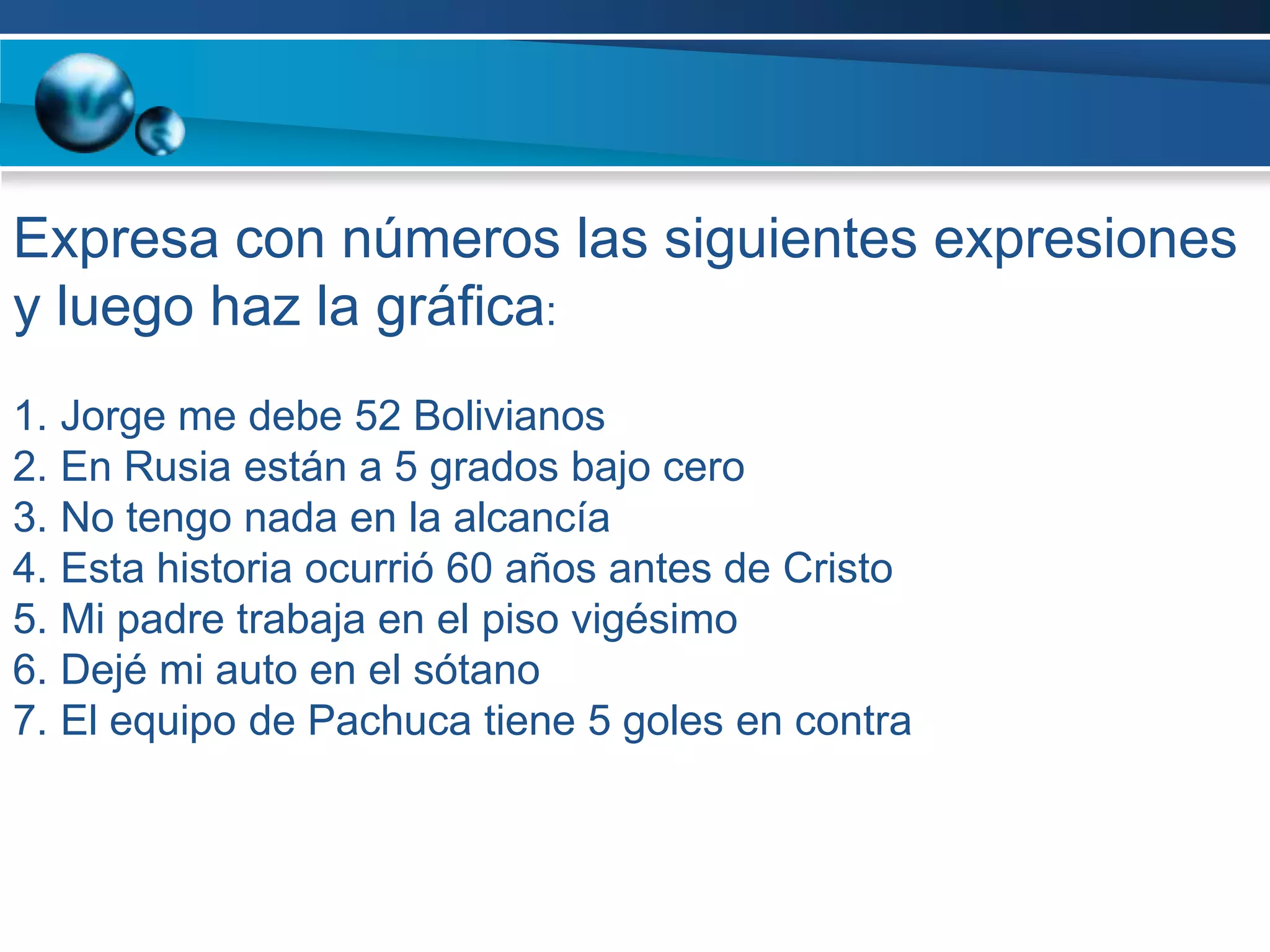 Expresa con números las siguientes expresiones
y luego haz la gráfica:
1. Jorge me debe 52 Bolivianos
2. En Rusia están a 5 grados bajo cero
3. No tengo nada en la alcancía
4. Esta historia ocurrió 60 años antes de Cristo
5. Mi padre trabaja en el piso vigésimo
6. Dejé mi auto en el sótano
7. El equipo de Pachuca tiene 5 goles en contra
 