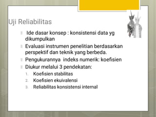 Uji Reliabilitas
1.
2.
3.
Ide dasar konsep : konsistensi data yg
dikumpulkan
Evaluasi instrumen penelitian berdasarkan
perspektif dan teknik yang berbeda.
Pengukurannya indeks numerik: koeﬁsien
Diukur melalui 3 pendekatan:
Koeﬁsien stabilitas
Koeﬁsien ekuivalensi
Reliabilitas konsistensi internal
 
