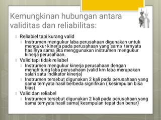 Kemungkinan hubungan antara
validitas dan reliabilitas:
Reliabiel tapi kurang valid
Instrumen mengukur laba perusahaan digunakan untuk
mengukur kinerja pada perusahaan yang sama ternyata
hasilnya sama jika menggunakan instrumen mengukur
kinerja perusahaan.
Valid tapi tidak reliabel
Instrumen mengukur kinerja perusahaan dengan
menghitung laba perusahaan (valid krn laba merupakan
salah satu indikator kinerja)
Instrumen tersebut digunakan 2 kali pada perusahaan yang
sama ternyata hasil berbeda signiﬁkan ( kesimpulan bisa
bias)
Valid dan reliabel
Instrumen tersebut digunakan 2 kali pada perusahaan yang
sama ternyata hasil sama( kesmpulan tepat dan benar)
 