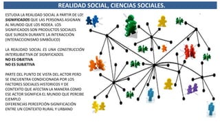 REALIDAD SOCIAL, CIENCIAS SOCIALES.
ESTUDIA LA REALIDAD SOCIAL A PARTIR DE LOS
SIGNIFICADOS QUE LAS PERSONAS ASIGNAN
AL MUNDO QUE LOS RODEA. LOS
SIGNIFICADOS SON PRODUCTOS SOCIALES
QUE SURGEN DURANTE LA INTERACCIÓN
(INTERACCIONISMO SIMBÓLICO)
LA REALIDAD SOCIAL ES UNA CONSTRUCCIÓN
INTERSUBJETIVA DE SIGNIFICADOS.
NO ES OBJETIVA
NO ES SUBJETIVA
PARTE DEL PUNTO DE VISTA DEL ACTOR PERO
SE ENCUENTRA CONDICIONADA POR LOS
FACTORES SOCIALES HISTORICOS Y DE
CONTEXTO QUE AFECTAN LA MANERA COMO
ESE ACTOR SIGNIFICA EL MUNDO QUE PERCIBE
EJEMPLO
DIFERENCIAS PERCEPCIÓN-SIGNIFICACIÓN
ENTRE UN CONTEXTO RURAL Y URBANO
 
