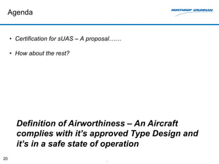 Agenda 
• Certification for sUAS – A proposal…… 
• How about the rest? 
20 
Definition of Airworthiness – An Aircraft 
complies with it’s approved Type Design and 
it’s in a safe state of operation 
I 
 