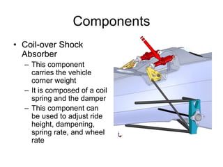 Components
• Coil-over Shock
Absorber
– This component
carries the vehicle
corner weight
– It is composed of a coil
spring and the damper
– This component can
be used to adjust ride
height, dampening,
spring rate, and wheel
rate
 