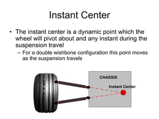 Instant Center
• The instant center is a dynamic point which the
wheel will pivot about and any instant during the
suspension travel
– For a double wishbone configuration this point moves
as the suspension travels
CHASSIS
Instant Center
 