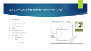 Key drivers for microservices VNF
 Business needs
 5G, IOT
 Hardware evolution – OCP
 Elasticity
 Fault Tolerance
 Agility
 API-based/End points
 Infra and Location agnostic
 Central Orchestration
 Predictability
 Upgradability
 Testing
 A/B Testing
 Canary testing
 