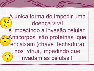 A única forma de impedir uma
doença viral
é impedindo a invasão celular.
Anticorpos são proteínas que
encaixam (chave fechadura)
nos vírus, impedindo que
invadam as células!!
 