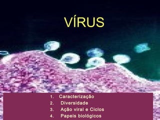 VÍRUS
1. Caracterização
2. Diversidade
3. Ação viral e Ciclos
4. Papeis biológicos
 
