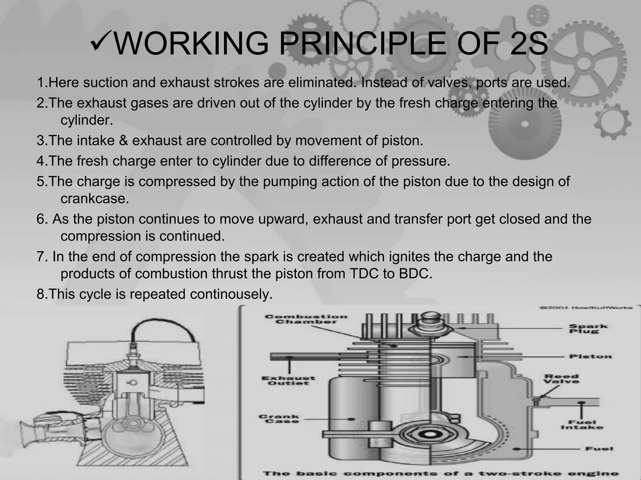 WORKING PRINCIPLE OF 2S
1.Here suction and exhaust strokes are eliminated. Instead of valves, ports are used.
2.The exhaust gases are driven out of the cylinder by the fresh charge entering the
cylinder.
3.The intake & exhaust are controlled by movement of piston.
4.The fresh charge enter to cylinder due to difference of pressure.
5.The charge is compressed by the pumping action of the piston due to the design of
crankcase.
6. As the piston continues to move upward, exhaust and transfer port get closed and the
compression is continued.
7. In the end of compression the spark is created which ignites the charge and the
products of combustion thrust the piston from TDC to BDC.
8.This cycle is repeated continousely.
 